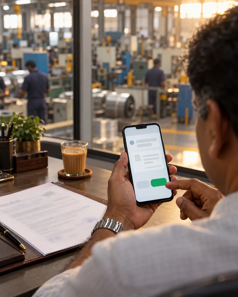 An owner at his desk approving a request on his phone, a glass of chai and a contract beside him, the shop floor behind the glass