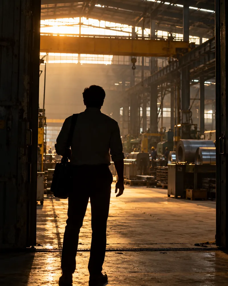 A backlit silhouette standing in a factory doorway, face not shown