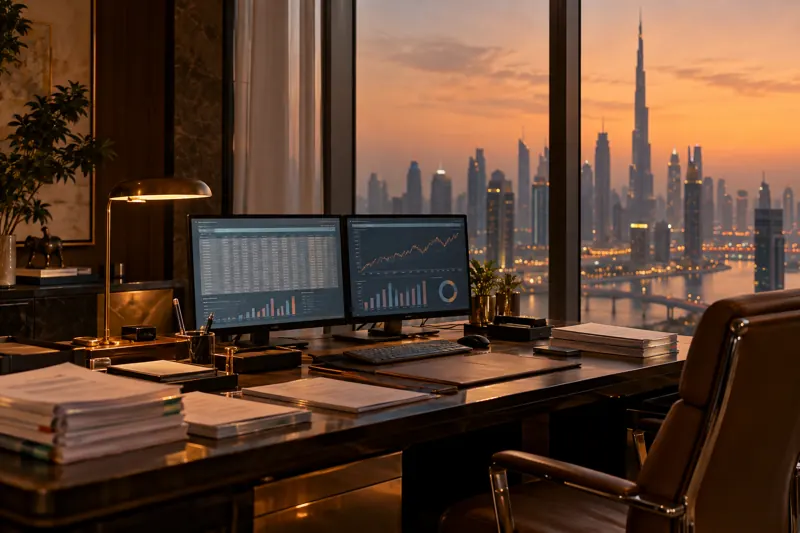 A family-office desk at dusk, two screens of consolidation tables, investment papers, a city skyline behind the glass