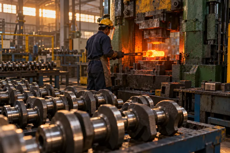 A forging press with a glowing billet, rows of finished crankshafts in the foreground
