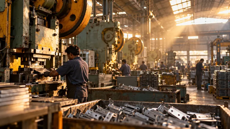 An Indian press shop in warm evening light, operators at the presses