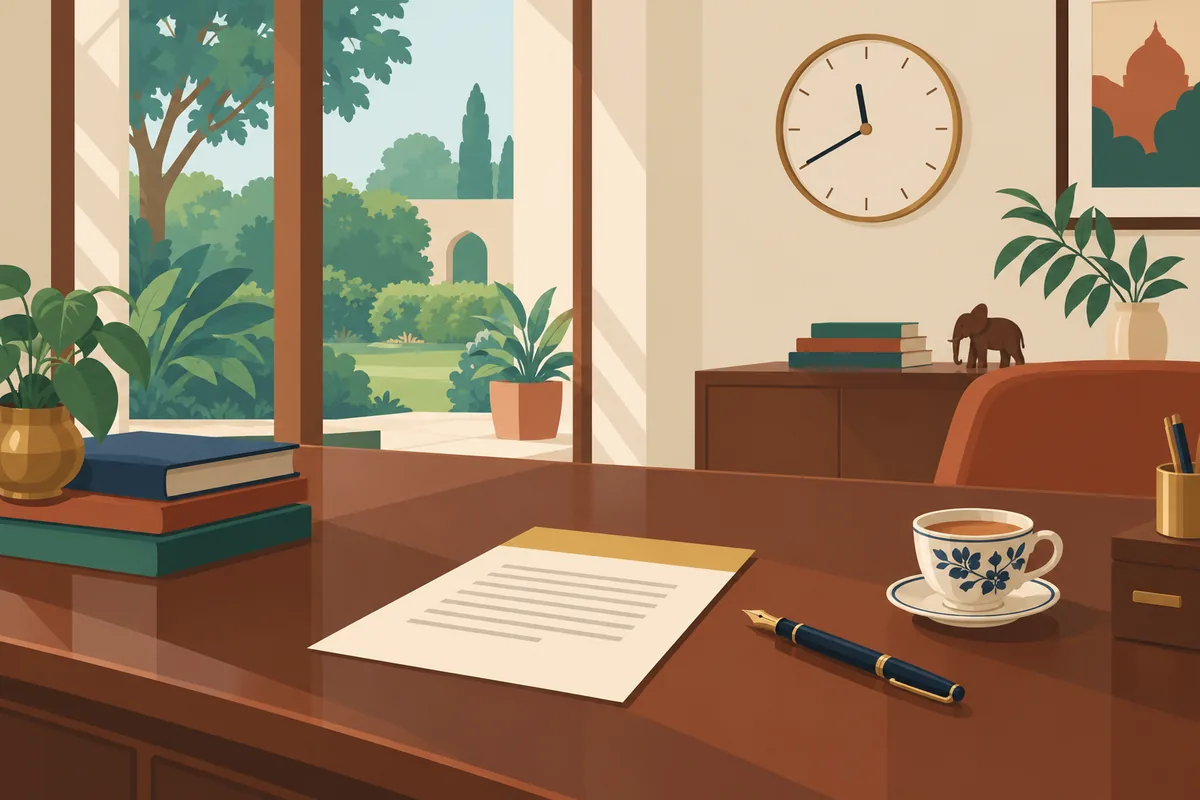 A family office desk with a single finished page and a cup of tea, the clock at 11:40