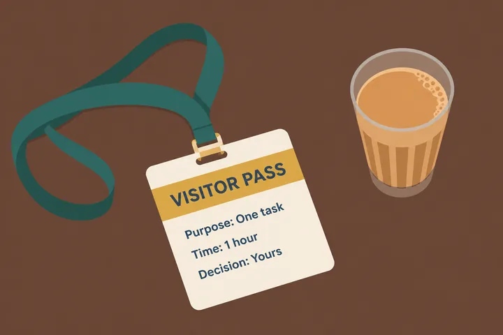 A visitor pass reading Purpose: one task, Time: 1 hour, Decision: yours, on a desk beside a glass of chai