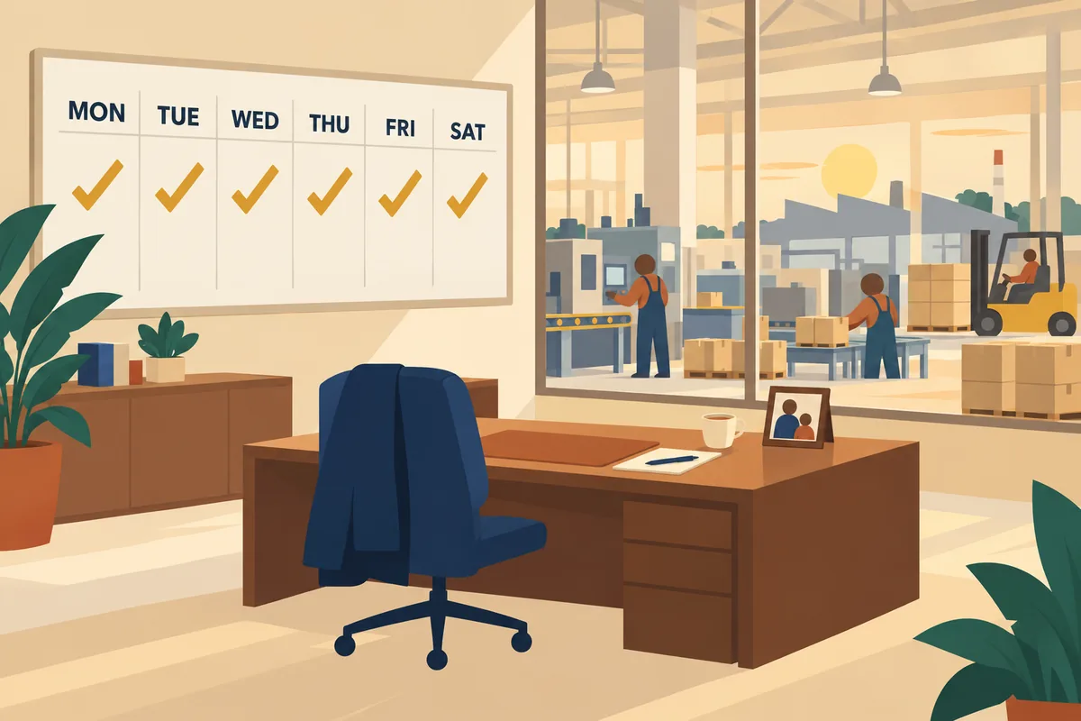 A plant office whiteboard with every day of the week ticked in gold, the owner's chair empty, the factory running calmly outside