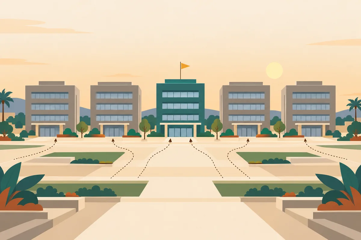 A row of grey office blocks, one teal with a gold flag, the others' paths leading to it