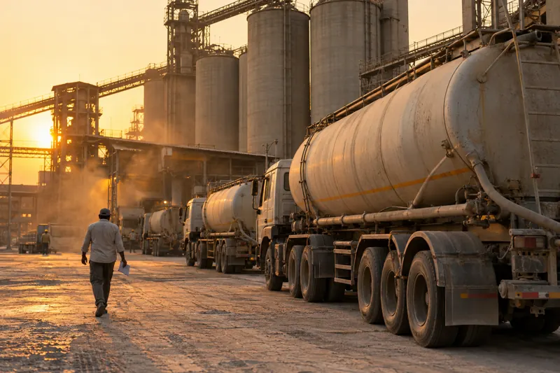 Bulk cement tankers lined up at a plant depot at golden hour