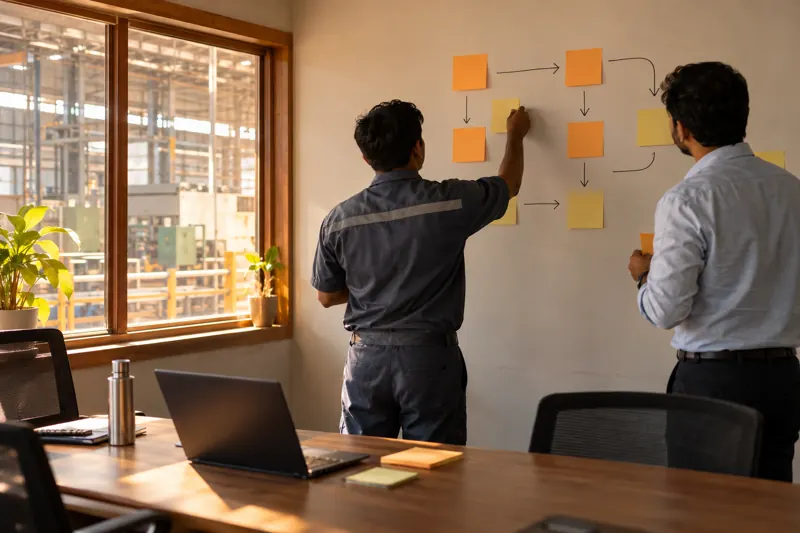 Two people mapping a process with sticky notes on an office wall overlooking the plant