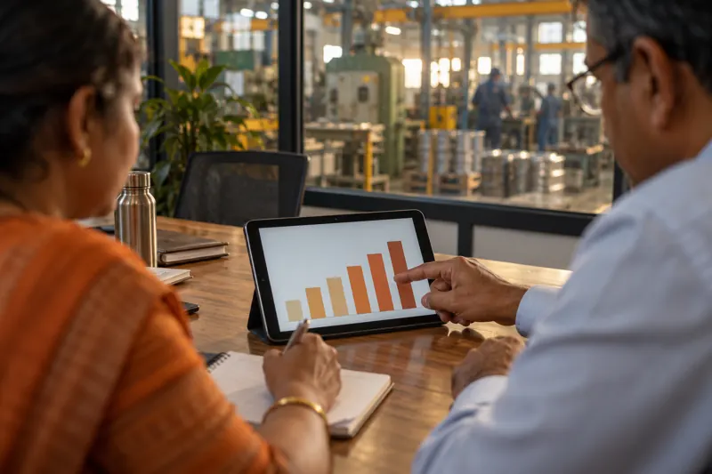 A managing director and a finance lead reviewing a chart on a tablet
