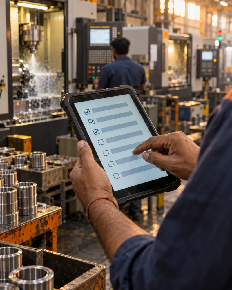 A shop-floor supervisor ticking through a checklist on a tablet beside CNC machines
