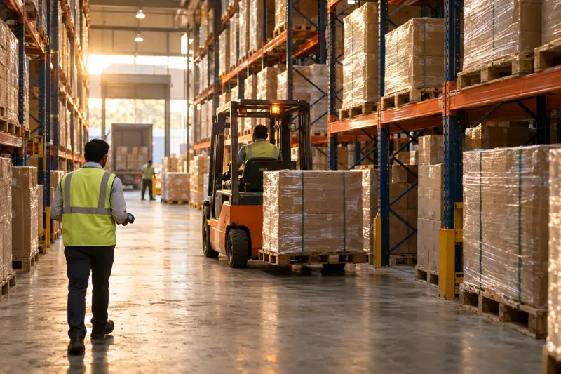 A bonded warehouse: a forklift moves a pallet while a supervisor checks a lot with a handheld scanner